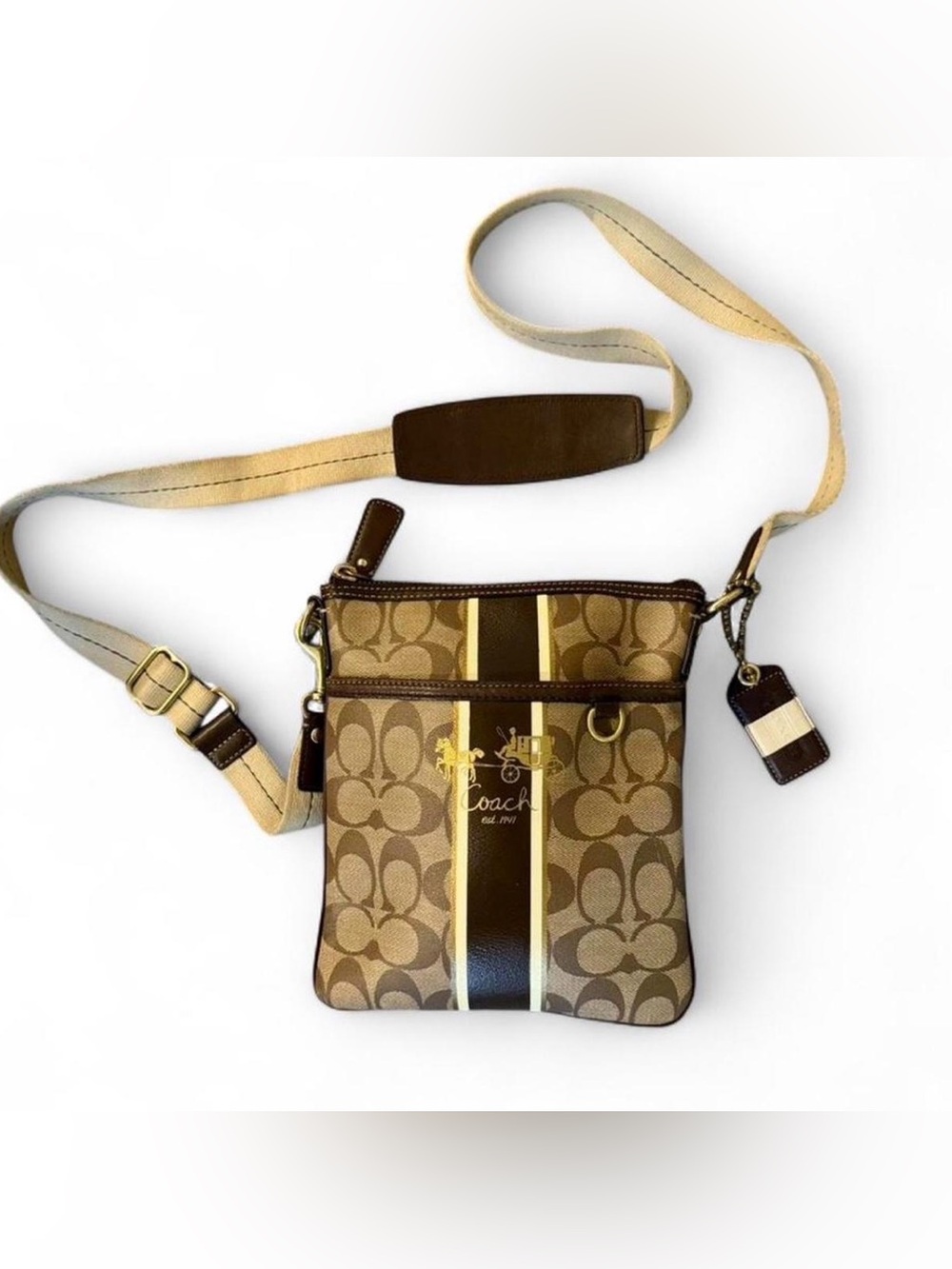 Coach Signature Crossbody Bag Brown Tan Stripe Small Swingpack Purse